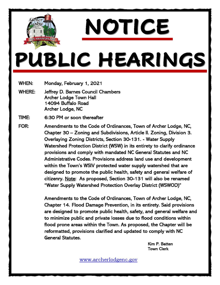 Town of Archer Lodge, North Carolina - Notice of Public Hearing on 