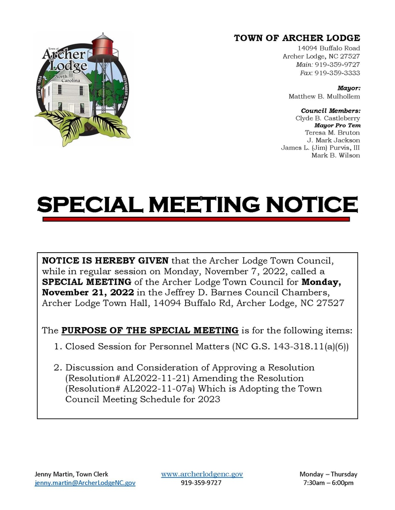 Town of Archer Lodge, North Carolina - Town Council Special Meeting ...